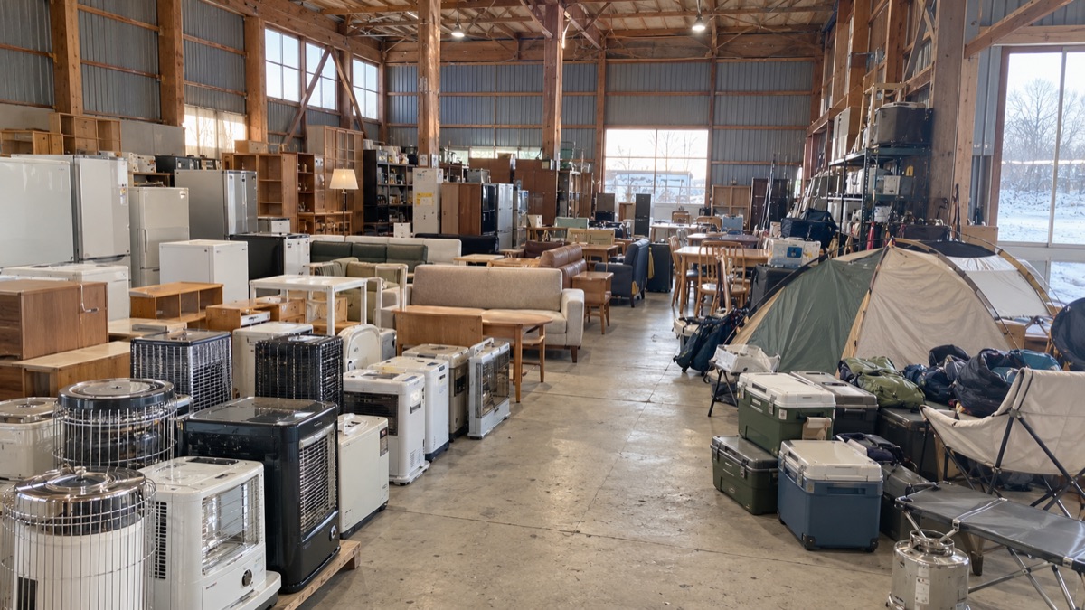 釧路の倉庫に中古の家具・家電・ストーブ・アウトドア用品が並ぶ想定イメージ（生成したサンプル画像）